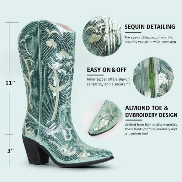 Women's Sequin Green Fashion Western Zipper Pointed Toe Embroidered Boots - Picture 5 of 6